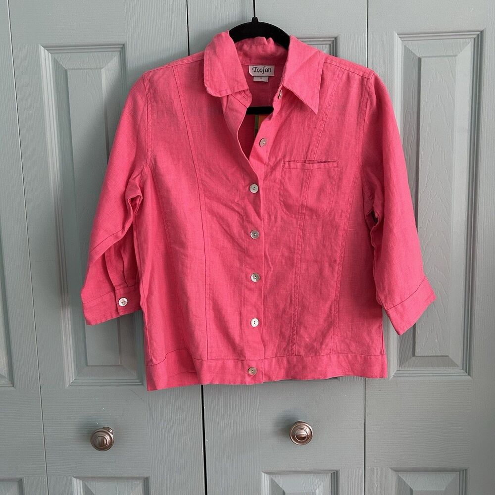 Toofan Womens Linen Pink‎ Button Up Blouse 3/4 Sleeve Small Collared